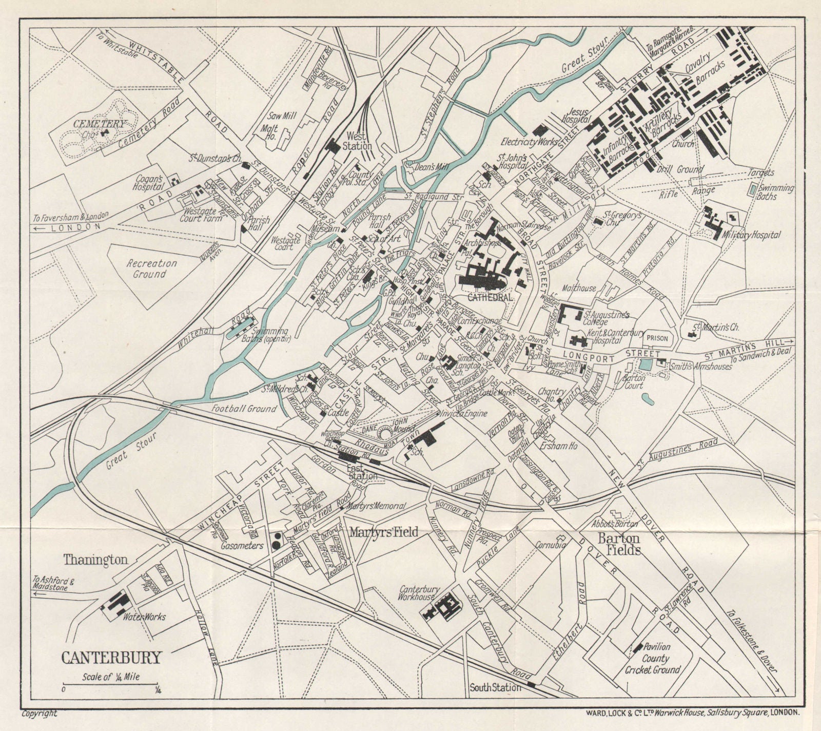CANTERBURY vintage tourist town city plan. Kent. WARD LOCK 1928 old map